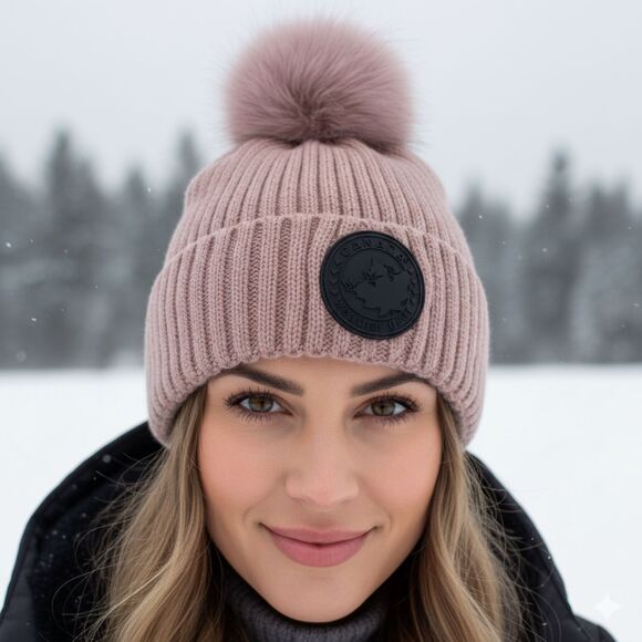 Canada Weather Gear Beanie Hat OS Faux Fur Pom Pom Fleece Lined Taupe Pink - Picture 1 of 11